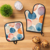 穏やかな水彩ドット 鍋つかみ&鍋敷きセット (トップダウン)