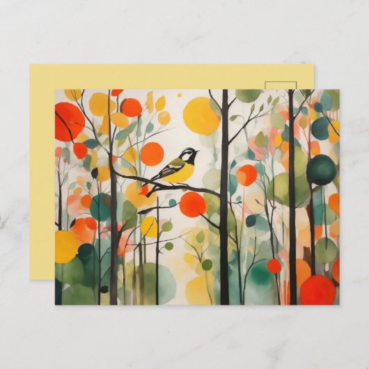 穏やかな水彩木版鳥の春 ポストカード (正面/裏面)
