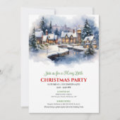 穏やかな水彩画のクリスマスシーンが特徴の祭りのある街 招待状 (正面)