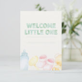 穏やかな水色ようこそ小さな1つの赤ちゃんシャワー カード (スタンド正面)