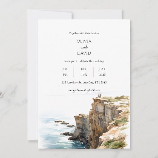 穏やかな沿岸の崖ウォーターカラービーチ結婚式 招待状 (正面)