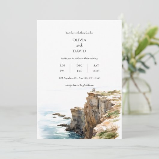 穏やかな沿岸の崖ウォーターカラービーチ結婚式 招待状 (スタンド正面)