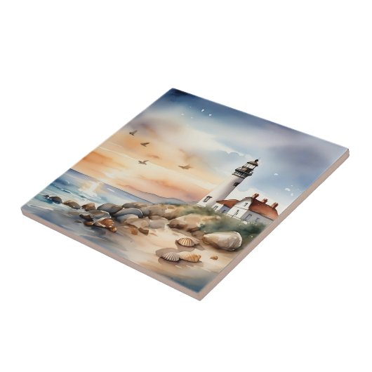 穏やかな沿岸景観水彩灯台 タイル (側面)