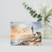 穏やかな沿岸景観水彩灯台 ポストカード (スタンド正面)