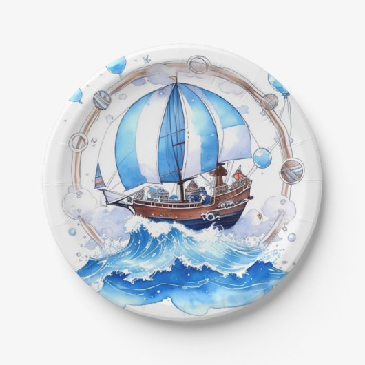 穏やかな波：男の航海の子の赤ちゃんシャワー ペーパープレート (正面)