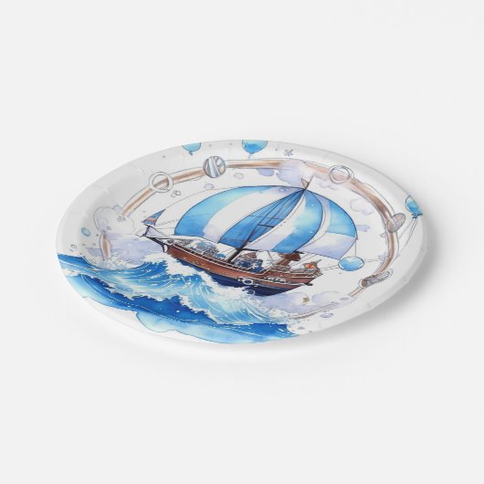 穏やかな波:男の航海の子の赤ちゃんシャワー ペーパープレート (アングル)