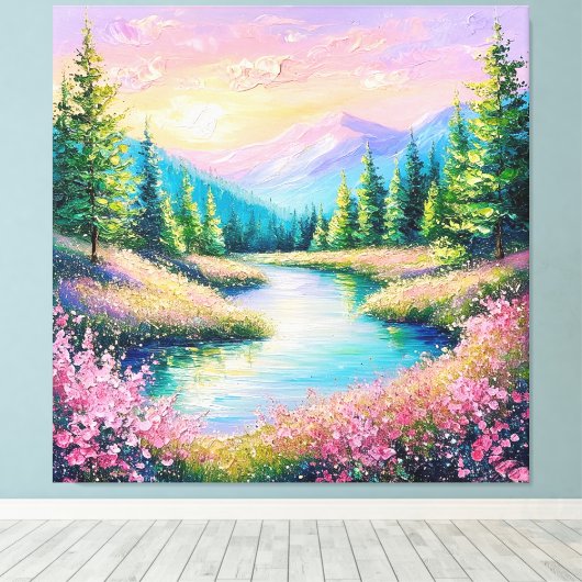 穏やかな流れと木に覆われた夕日 キャンバスプリント (インサイチュ (ウッドフロア))