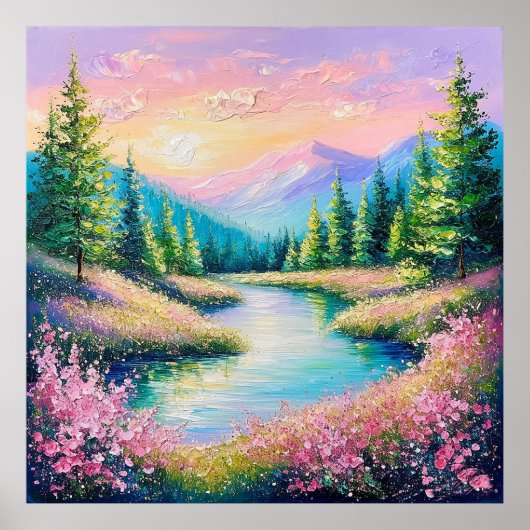 穏やかな流れと木に覆われた夕日 ポスター (正面)