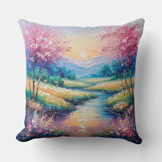 穏やかな流れの上に沈む夕日 クッション (正面)