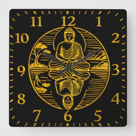 穏やかな海に反射する金色の仏像 スクエア壁時計 (正面)