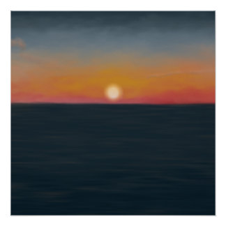 穏やかな海の夕焼けの絵 ポスター