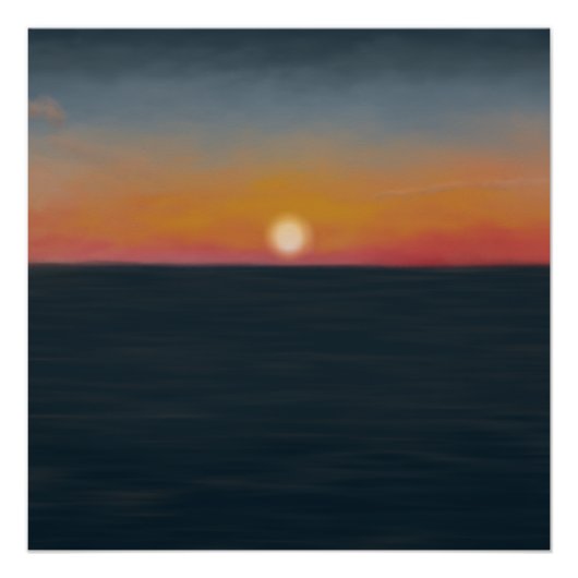 穏やかな海の夕焼けの絵 ポスター (正面)