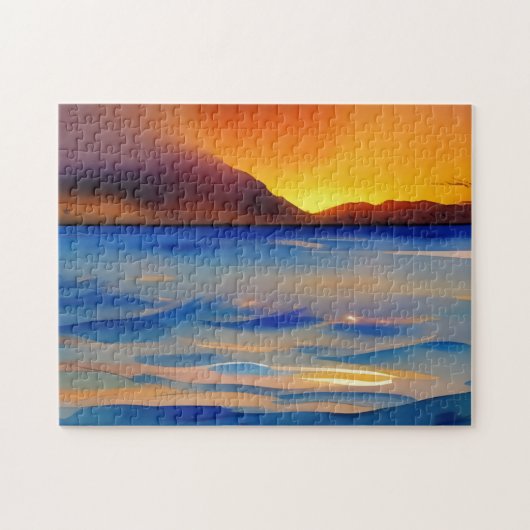 穏やかな海の夕焼け水彩画 ジグソーパズル (横)