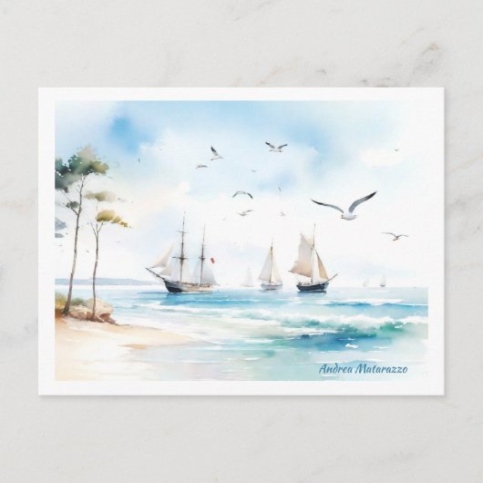 穏やかな海の帆船 ポストカード (正面)