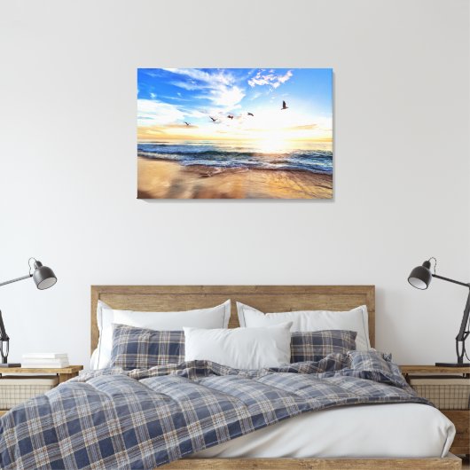 穏やかな海サンライズバーズブルースカイゴールデンショア キャンバスプリント (インサイチュ (寝室))