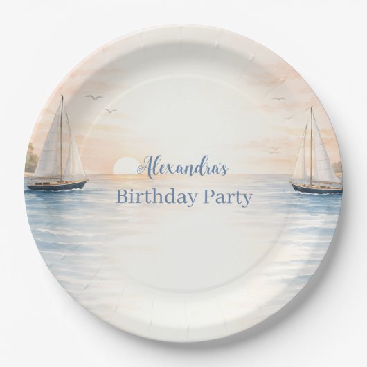 穏やかな海岸の帆の誕生日 ペーパープレート (正面)