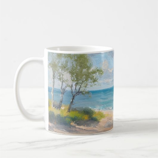 穏やかな海岸の朝 印象派のビーチアート コーヒーマグカップ (左)