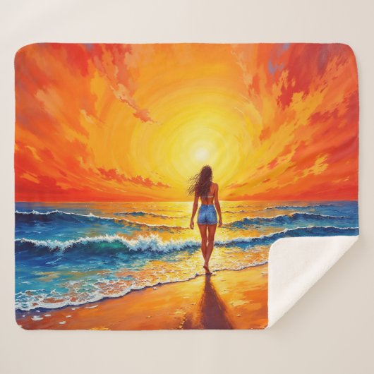 穏やかな海岸の歩く夕日の海鮮やかな芸術 シェルパブランケット (正面(横))