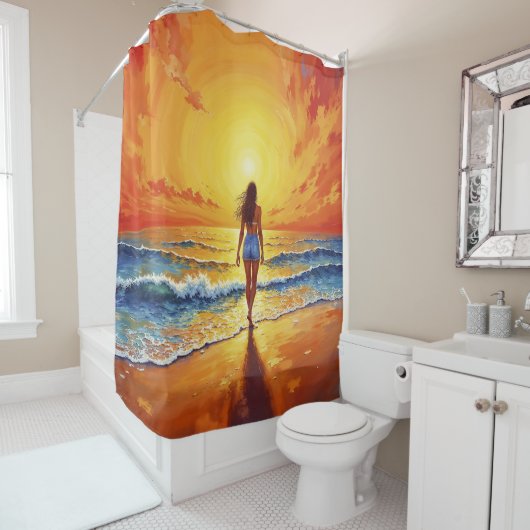 穏やかな海岸の歩く夕日の海鮮やかな芸術 シャワーカーテン (インサイチュ)