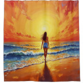 穏やかな海岸の歩く夕日の海鮮やかな芸術 シャワーカーテン (正面)