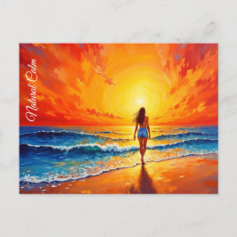 穏やかな海岸の歩く夕日の海鮮やかな芸術 ポストカード