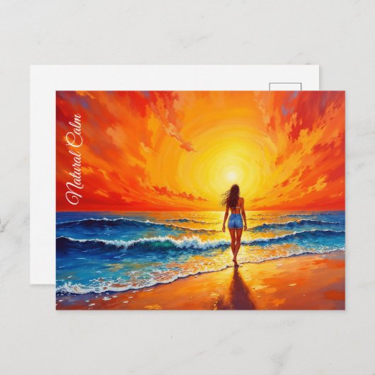 穏やかな海岸の歩く夕日の海鮮やかな芸術 ポストカード (正面/裏面)