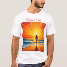 穏やかな海岸の歩く夕日の海鮮やかな芸術 Tシャツ