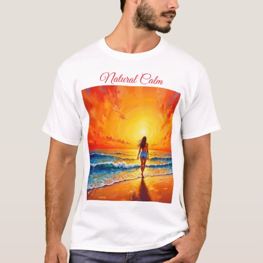 穏やかな海岸の歩く夕日の海鮮やかな芸術 Tシャツ (正面)