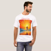 穏やかな海岸の歩く夕日の海鮮やかな芸術 Tシャツ (正面フル)