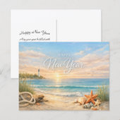 穏やかな海岸の灯台の新年 シーズンポストカード (正面/裏面)