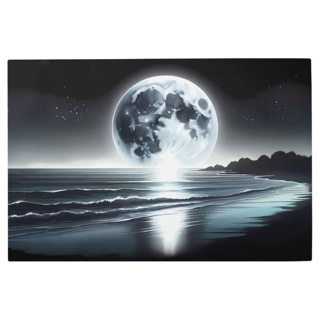 穏やかな海岸越え超リアルムーンレイズ メタルプリント (正面)