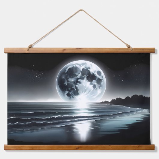 穏やかな海岸越え超リアルムーンレイズ 吊り下げ型タペストリー (正面)