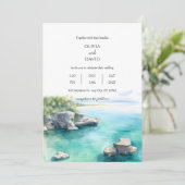 穏やかな海辺の沿岸ターコイズブルーのラグーンでのウェディング 招待状 (スタンド正面)