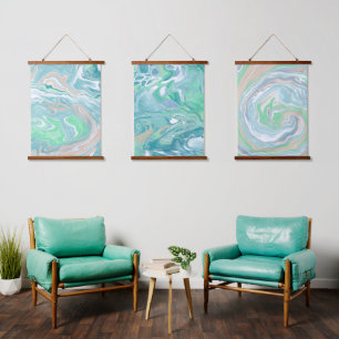 穏やかな淡い色の青と緑の流体アート 吊り下げ型タペストリー
