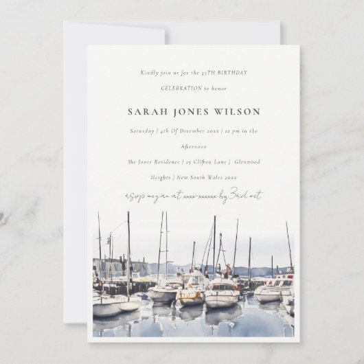 穏やかな港の海辺の船の誕生日 招待状 (正面)