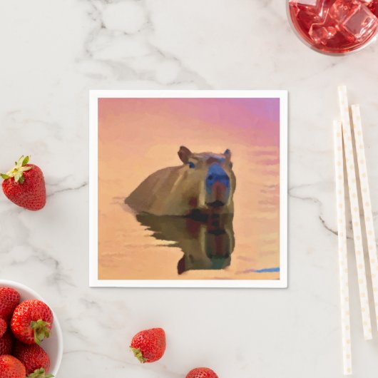 穏やかな湖から現れるカピバラ スタンダードカクテルナプキン (インサイチュ)