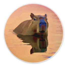 穏やかな湖から現れるカピバラ セラミックノブ