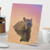 穏やかな湖から現れるカピバラ 台座サイン (インサイチュ)