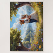 穏やかな湖に包まれた可愛い子ども ジグソーパズル (縦)