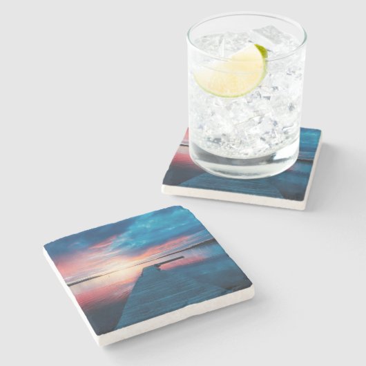 穏やかな湖に沈む美しい夕日 ストーンコースター (横)