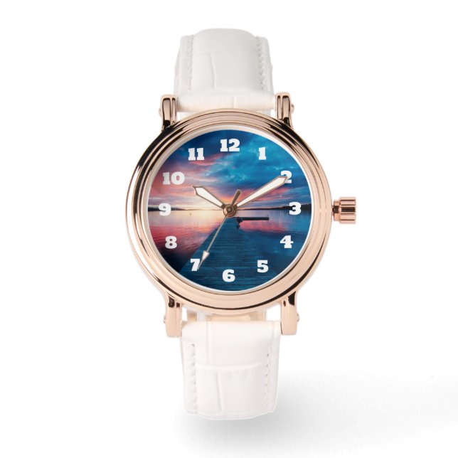 穏やかな湖に沈む美しい夕日 腕時計 (正面)