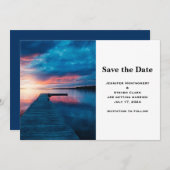 穏やかな湖に沈む美しい結婚夕日 セーブザデート (正面/裏面)