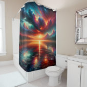 「穏やかな湖に照らされた嵐の夕日」 シャワーカーテン (インサイチュ)