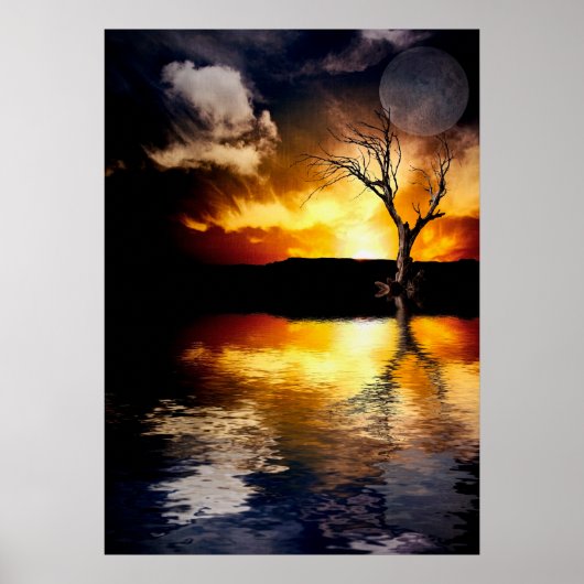 穏やかな湖の上の劇的な夕日 ポスター (正面)