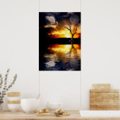 穏やかな湖の上の劇的な夕日 ポスター (キッチン)