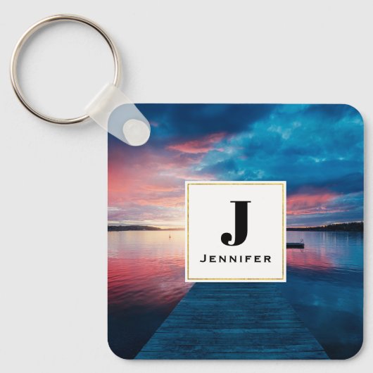 穏やかな湖の夕日の美しさ キーホルダー (正面)