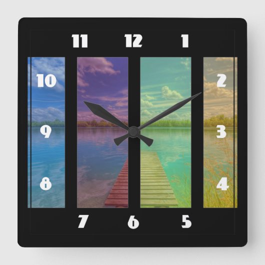 穏やかな湖の風景を越えた木製の桟橋 スクエア壁時計 (正面)