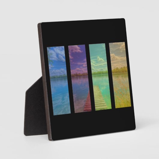 穏やかな湖の風景クアドライチの上の木製の桟橋 フォトプラーク (正面)