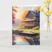 穏やかな湖畔 | 木造魅力的家の誕生日 カード (黄色い花)