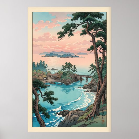 穏やかな湾岸の壁画 - 松の木、橋 ポスター (正面)